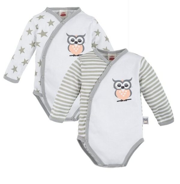 Makoma Langarmwickelbody Baby Langarm Body Wickelbody für Neugeborene Mädchen Eule (Spar-Set