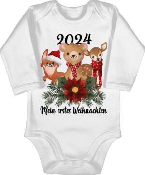 Shirtracer Shirtbody 2024 Mein erstes Weihnachten mit süßen Tieren - schwarz Weihnachten Kleidung Baby