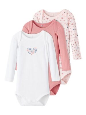 Name It Langarmbody Mädchen Baby Bodys 3er Pack Herz Motiv Rosette-68 (3-tlg.